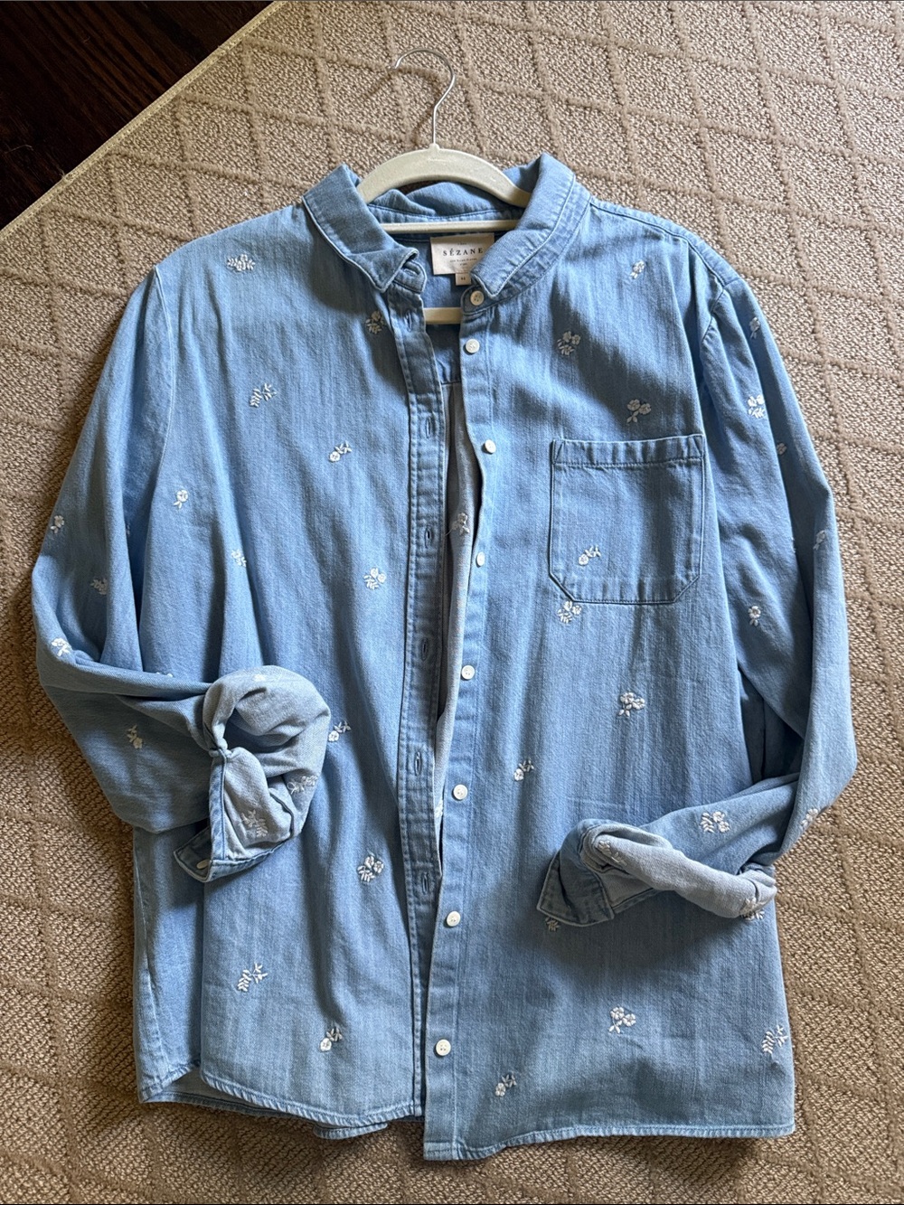 Sezane Light Blue Embroidered Chambray Button-Down Shirt